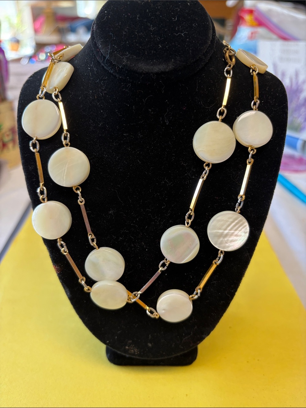 Gold-Tone Mother of Pearl Disc Necklace - Cream